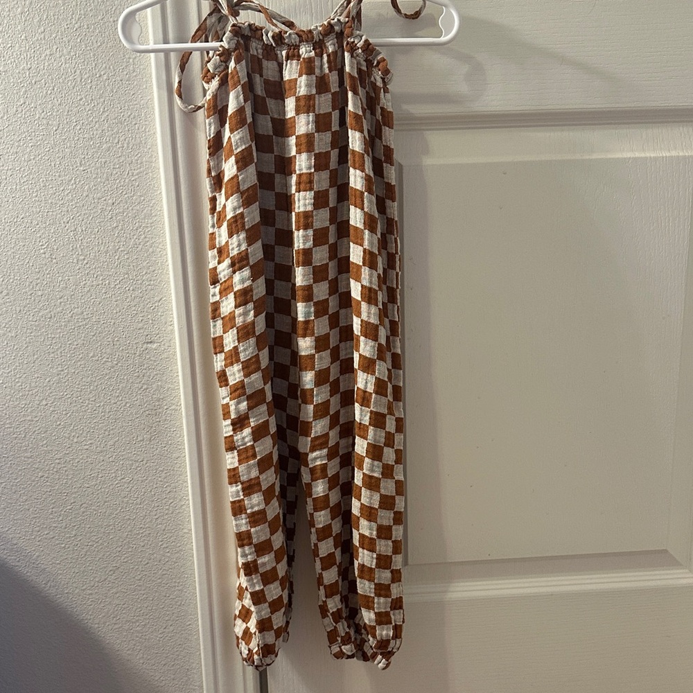 Rylee + Cru Brown and White Checkered Jumpsuit